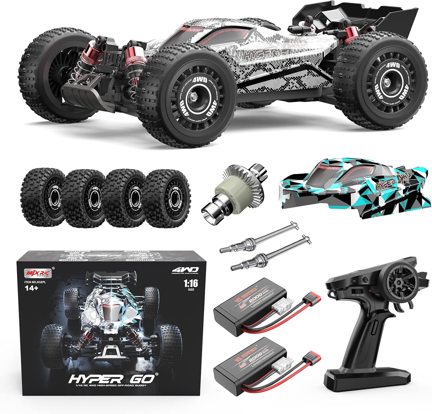 Rc Hobby Grade Truck - 1/16スケールRTRブラシレスRCバギー（大人向け）、4WD高速レーシングトラック（最高速度38mph）、RCバッシャー用2S 2000mAhバッテリー搭載、すぐに走行可能
